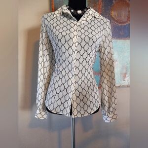 Zara Semi Sheer  White & Black Button Down Print Blouse Size M /NWOT